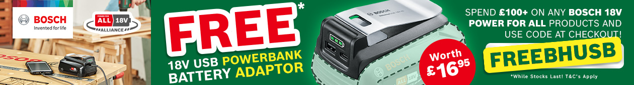 Free Bosch 18v USB Powerbank Battery Adaptor with Any 18v Purchase Over £100 Free Bosch 18v USB Powerbank Battery Adaptor with Any 18v Purchase Voucher Code