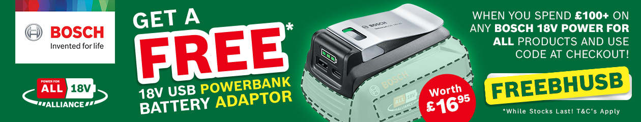 Free Bosch 18v USB Powerbank Battery Adaptor - Spend £100+ on Any 18v Power For All Product and Use Voucher Code FREEBHUSB At Checkout