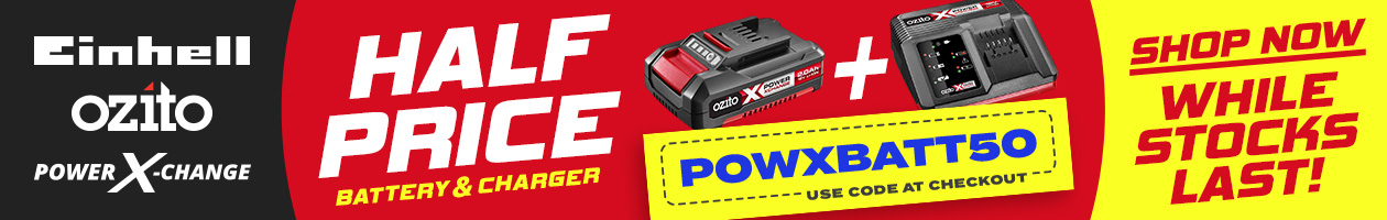Get a 2.0ah Battery & Fast Charger For Half Price With £50+ Einhell 18v/36v Purchase Use Code POWXBATT50 At Checkout Einhell 18v 36v Cordless Power X-Change Extra 2.0ah Battery & Fast Charger Half Price Voucher Code POWXBATT50
