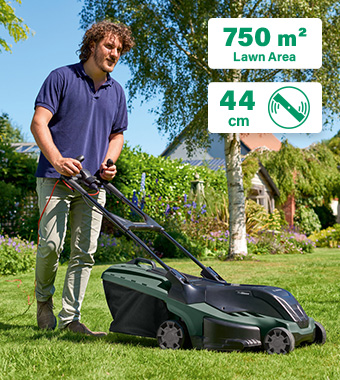 Reduced noise and excellent results <br />for highly comfortable movement. Bosch ADVANCEDROTAK 750 Lawnmower ergonomic Ergoflex ErgoSlide Handles GrassCombs ProSilence quiet 750m² 1700w height adjustment LeafCollect