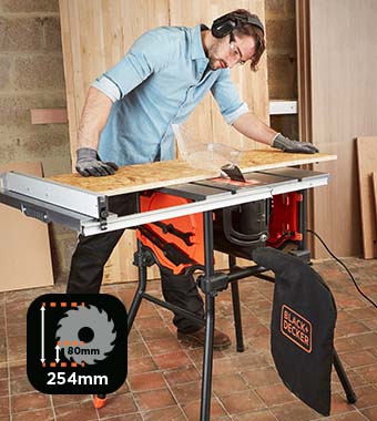 Powerful & Versatile for Most Workshop Cuts
This 1800W table saw tackles most workshop projects
with its powerful motor, bevel & miter capability, and
includes everything you need: stand, fences, dust
collection, push stick, blade, and wrench. Black Decker BES720 1800 Watt Corded Table Saw Circular Saw Blade 254mm 48T with Stand bevel cut
