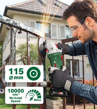 Man cutting metal railings with the Bosch PWS 18V-70 cordless angle grinder, with 115mm disc, 10,000rpm max no-load speed and 3-year MyBosch warranty