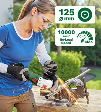 Woman cutting metal pipe with the Bosch PWS 18V-70 cordless angle grinder, with 125mm disc, 10,000rpm max no-load speed and 3-year MyBosch warranty