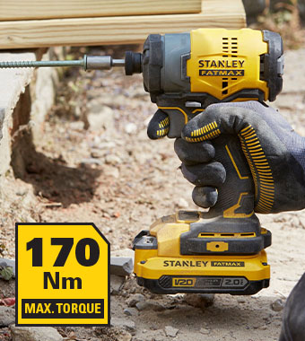 170Nm of torque for driving
larger fasteners and other
high torque applications. Stanley FatMax V20 18v Cordless Torque 170Nm Impact Driver SFMCF810
