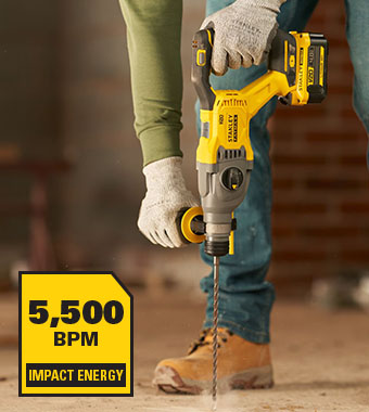 Powerful hammer action
delivers up to 5,500 BPM and
2.0 joules of impact energy Stanley FatMax V20 18v Cordless SDS-Plus Hammer Drill impact energy drilling chiselling hard masonry SFMCH900