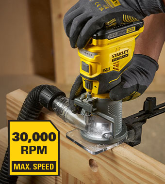 Variable speed between
16,000 and 30,000 RPM Stanley FatMax V20 18v Cordless Compact 1/4inch Trim Router Variable speed SFMCW400