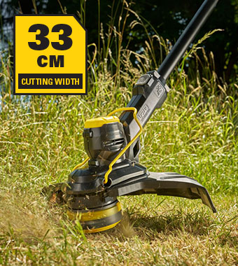 Stanley FatMax V20 STCST933 cordless grass trimmer cutting head showing 33cm cutting width