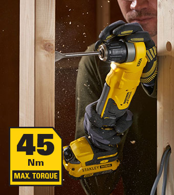Enables drilling and screwdriving
to be undertaken in narrow and
cramped spaces. Stanley FatMax V20 18v Cordless Right-Angle Drill Driver 10mm Keyless Chuck 45Nm two-speed transmission SFMCD750