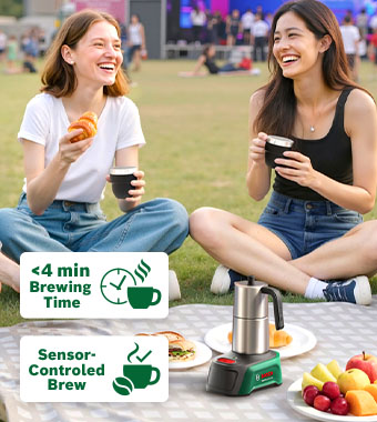 Bosch EasyMoka 18V-2 INOX 18V Cordless Coffee Maker – Sensor-Controlled Brew, Under 4 Min Brew, 3 Year Warranty Bosch EasyMoka 18V-2 INOX 18V cordless stainless steel coffee maker at an outdoor event – sensor-controlled brew, under 4 min brewing time, 3 year MyBosch warranty