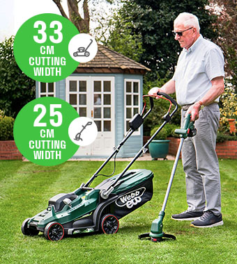 Designed for value, convenience, and eco-
friendly performance, this duo provides all
you need for a neat lawn and tidy edges. Webb Eco WEV20LM33LT25B4 20v Cordless Duo Twin Pack Lawnmower brushless motor and Grass Trimmer lightweight