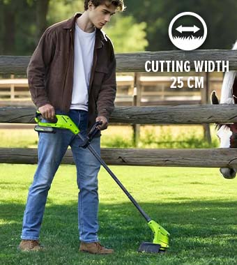 Person using the lightweight Greenworks ST24B 24V cordless grass trimmer with a 250mm cutting blade width.