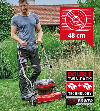 Double Twin-Pack technology
Cutting width: 48 cm Einhell GE-CM 36/48 Li M 36v Power X-Change Cordless PurePower Brushless Motor Double Twin-Pack technology 48cm