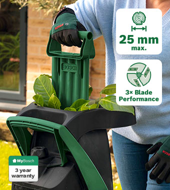 Bosch UniversalShredder 2x18V-25 cordless garden shredder in use – 25mm max branch diameter, 3x blade performance, 3 year MyBosch warranty