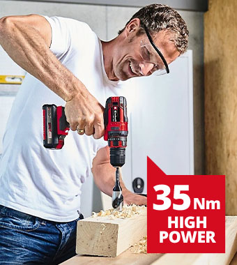Einhell TC-CD 18/35 Li 18V Cordless Drill Driver – 35Nm High Power Man drilling into timber with the Einhell TC-CD 18/35 Li 18V cordless drill driver, with 35Nm high power torque