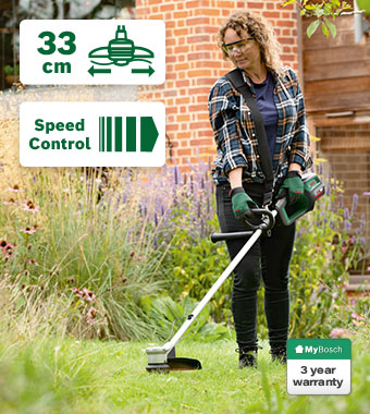 Bosch AdvancedGrassCut 36V-33 36V Cordless Brushless Grass Trimmer 330mm Bosch AdvancedGrassCut 36V-33 36V cordless grass trimmer – 33cm cut, speed control, Pro Tap, plant protector, 3 year warranty