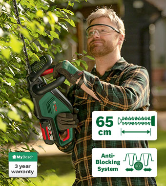 Bosch AdvancedHedgeCut 36V-65-28 36V Cordless Brushless Hedge Trimmer 650mm Bosch AdvancedHedgeCut 36V-65-28 cordless hedge trimmer – 65cm blade, 28mm branch capacity, Anti-Blocking System, 3 year MyBosch warranty