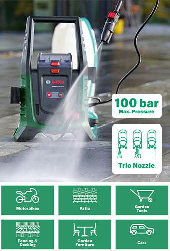 Bosch UniversalAquatak 36V-100 36V Cordless Pressure Washer – 100 Bar, Trio Nozzle, ECO and High Pressure Modes Bosch UniversalAquatak 36V-100 36V cordless pressure washer – 100 bar, Trio Nozzle, ECO and high pressure modes, cleans patios, cars, garden furniture, fencing and motorbikes