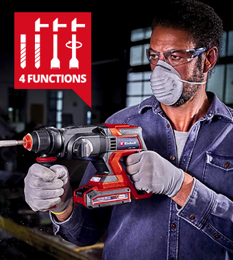 4 functions: Drilling, impact drilling
and chiselling with/without fixing. Einhell TE-HD 18/20 Li 18v SDS-Plus 4-Mode Hammer Drill concrete masonry