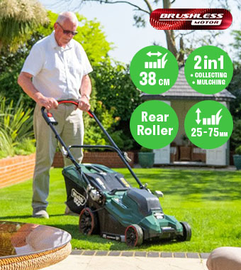 Webb X-Series WEV20X2LM38RR 40V Brushless Cordless Lawnmower in use – 38cm, 2-in-1 Man using the Webb X-Series WEV20X2LM38RR 40V brushless cordless lawnmower on a lawn, showing 38cm cutting width, 2-in-1 collecting and mulching, rear roller and 25-75mm cutting heights