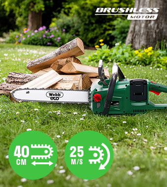 Webb X-Series WEV20X2CS40 40V Brushless Cordless Chainsaw – 40cm, 25 m/s Webb X-Series WEV20X2CS40 40V brushless cordless chainsaw beside cut firewood, showing 40cm bar length and 25 m/s chain speed