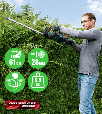 Man using the Webb X-Series WEV20X2HT61 40V brushless cordless hedge trimmer on a tall hedge, showing 61cm blade, 28mm max branch thickness, 90° to -90° cutting angle adjustment and 5.4kg weight