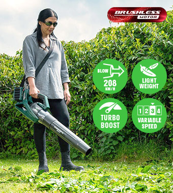 Webb X-Series WEV20X2ABB 40V Cordless Axial Leaf Blower – 208km/h, Turbo Boost Woman clearing garden with the Webb X-Series WEV20X2ABB 40V cordless brushless axial leaf blower, with 208km/h air speed, turbo boost and 4-step variable speed