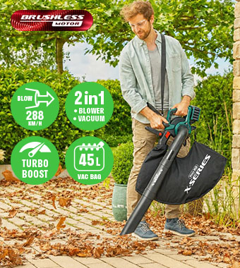 Webb X-Series WEV20X2BV 40V Brushless Leaf Blower & Vacuum in use – 288 m/h, 45L bag Man using the Webb X-Series WEV20X2BV 40V brushless cordless leaf blower and vacuum in a garden with autumn leaves, showing 288 m/h blow speed, 2-in-1 blower and vacuum modes, Turbo Boost and 45L vacuum bag capacity