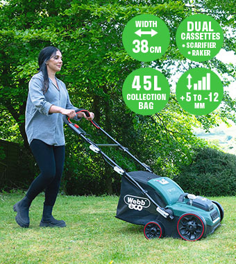 Woman using the Webb X-Series WEV20X2SR 40V cordless lawn raker scarifier, with 38cm width, dual scarifier and raker cassettes, 45L collection bag and +5 to -12mm heights