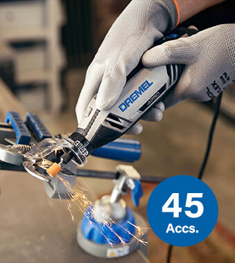 Cut, drill, grind, sand, polish and engrave with the
45 included high quality Dremel accessories. Dremel 4250 Rotary Multi Tool Kit 45 Accessories DIY cutting sanding polishing grinding drilling engraving