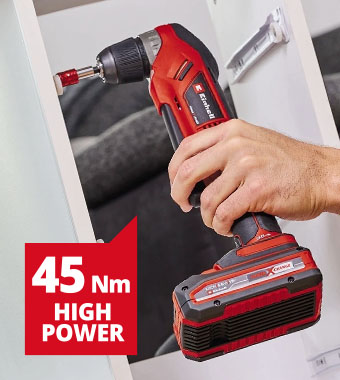 Angle driver has a metal transmission, 45 Nm of
torque, speed control, a 10 mm quick-release
chuck, an integrated LED light and clockwise
and anticlockwise rotation modes. Einhell TE-AD 18 Li 18v Angle Drill metal transmission 45Nm torque speed control 10 mm quick-release chuck