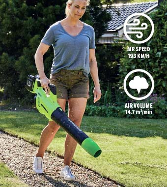 Features variable speed control,
cruise control, and a boost function. Greenworks G24X2AB 48v Cordless Variable Speed Axial Fan Leaf Blower Lightweight