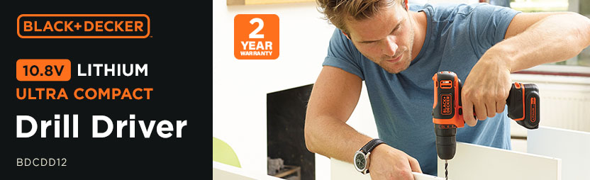 Black & Decker BDCDB12 10.8V Cordless Drill Driver showcasing key features, 2-year warranty, the Li-ion power tool in-use for efficient flat-pack furniture assembly.