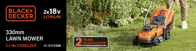 Black & Decker
2x18v Cordless POWERCONNECT™
Rotary Lawnmower 330mm
BCMW3318 Black Decker BCMW3318 Cordless POWERCONNECT Rotary Lawnmower