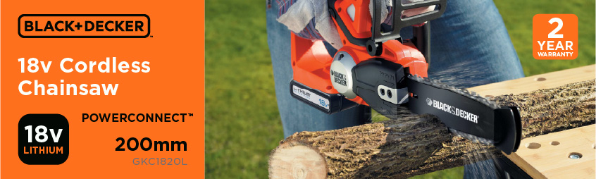 Black and Decker GKC1820L
18v PowerConnect Cordless
Chainsaw 200mm Black Decker GKC1820L 18v PowerConnect Cordless Chainsaw 200mm