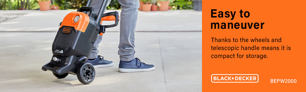 Easy to maneuver thanks to the wheels and
telescopic handle means it is compact for storage. Black Decker BEPW2000 Pressure Washer Storage Mobility