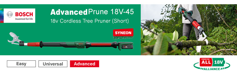 Bosch ADVANCEDPRUNE 18V-45 P4A
18v PowerForAll Cordless
Tree Pruner (Short) PowerForAll Bosch ADVANCEDPRUNE 18V-45 P4A 18v Cordless Tree Pruner Short