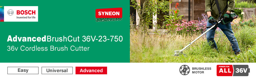 Bosch AdvancedBrushCut 36V-23-750 36V cordless brush cutter in use on overgrown garden – brushless motor, Syneon technology, constant electronic power adjustment, ergonomic design, Power For All 36V