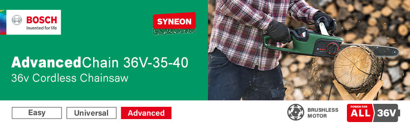 Bosch AdvancedChain 36V-35-40 36V Cordless Chainsaw 350mm – Brushless Motor, Syneon, Power For All 36V Bosch AdvancedChain 36V-35-40 36V cordless chainsaw cutting a log – brushless motor, Syneon technology, Power For All 36V compatible
