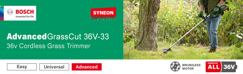 Bosch AdvancedGrassCut 36V-33 36V Cordless Grass Trimmer – Syneon, Power For All 36V Bosch AdvancedGrassCut 36V-33 36V cordless grass trimmer – brushless motor, Syneon, battery status indicator, Power For All 36V
