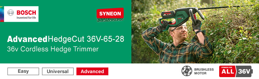 Bosch AdvancedHedgeCut 36V-65-28 36V Cordless Hedge Trimmer – Syneon, Power For All 36V Bosch AdvancedHedgeCut 36V-65-28 36V cordless hedge trimmer in use – brushless motor, Syneon, lightweight ergonomic design, Power For All 36V