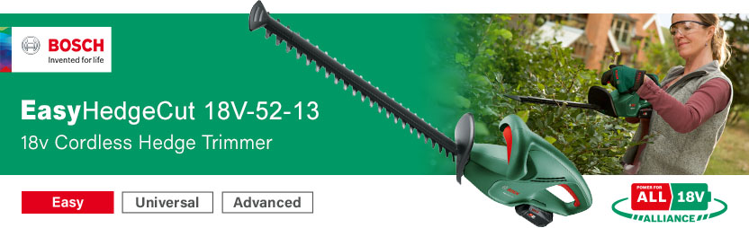 Bosch EASYHEDGECUT 18V-52-13 P4A
18v PowerForAll Cordless
Hedge Trimmer 520mm PowerForAll Bosch EASYHEDGECUT 18V-52-13 P4A 18v Cordless Hedge Trimmer 520mm