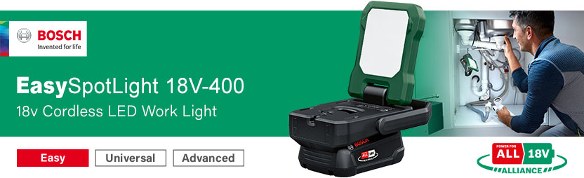 Bosch EASYSPOTLIGHT 18V-400 P4A
18v PowerForAll Cordless
LED Work Light PowerForAll Bosch EASYSPOTLIGHT 18V-400 P4A 18v Cordless LED Work Light