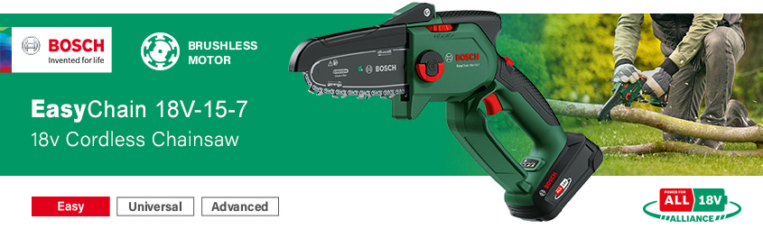 Bosch EasyChain 18V-15-7 PowerForAll
18v Cordless Brushless Chainsaw 150mm Bosch EasyChain 18V-15-7 P4A PowerForAll 18v Cordless Brushless Chainsaw 150mm