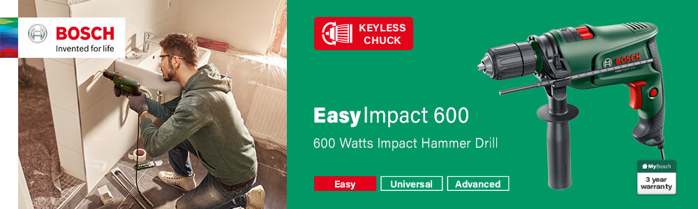 Bosch EasyImpact 600
600 Watts Impact Hammer Drill Bosch EasyImpact 600 Impact Hammer Drill 600 Watt