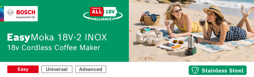 Bosch EasyMoka 18V-2 INOX 18V Cordless Stainless Steel Coffee Maker – Power For All 18V Alliance Bosch EasyMoka 18V-2 INOX 18V cordless stainless steel coffee maker in use on a beach – Power For All 18V Alliance compatible