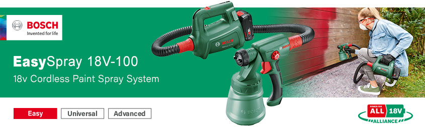 Bosch EasySpray 18V-100 P4A
18v Cordless Paint Spray System Bosch EasySpray 18V-100 P4A Power For All 18v Cordless Paint Spray System