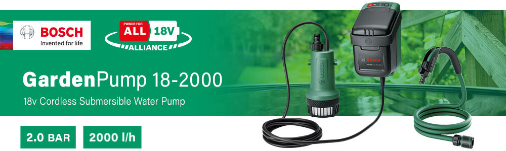 Bosch GARDENPUMP 18-2000
18v Cordless Submersible Water Pump Bosch GARDENPUMP 18-2000 18v Cordless Submersible Water Pump