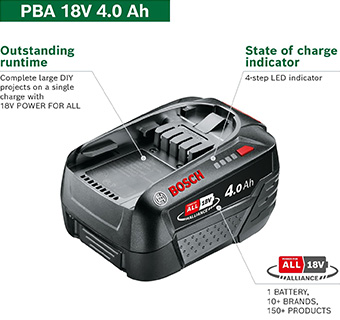 Bosch PBA W-C 18V 4.0Ah Li-Ion Battery – 18V Power For All Alliance, Outstanding Runtime, State of Charge Indicator Bosch PBA W-C 18V 4.0Ah Power For All cordless li-ion battery with 4-step LED charge indicator