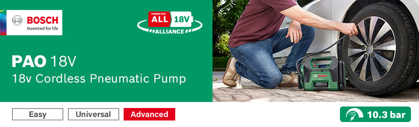 Bosch PAO 18V cordless pneumatic pump air compressor, part of the 18V Power for All Alliance