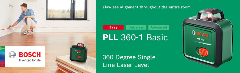 Bosch PLL 360-1 Basic 360 degree single line laser level in use projecting a red line across a living room – 3 year MyBosch warranty